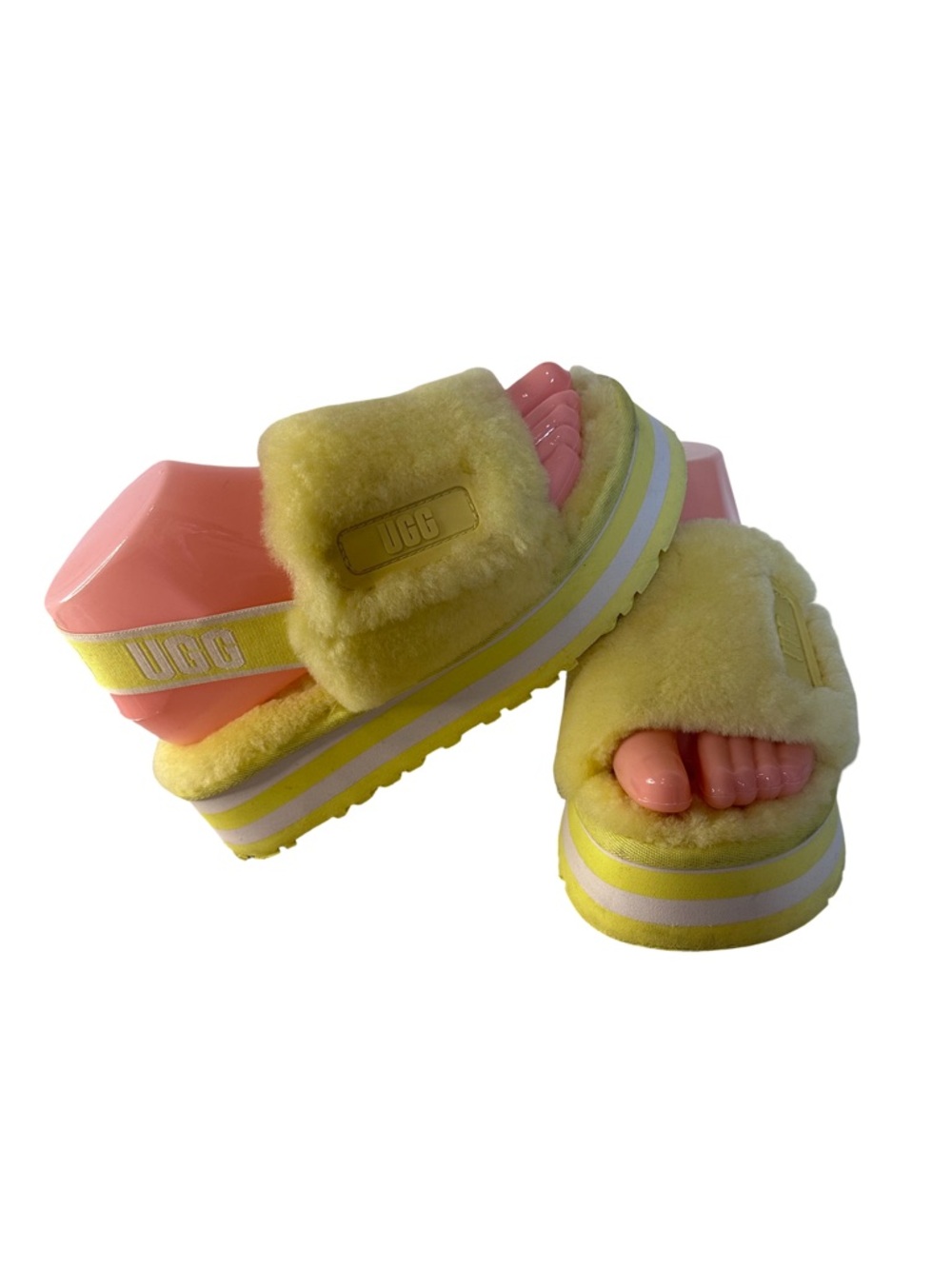 UGG Disco Slide Slippers Margarita Yellow Size 6 Fuzzy Platform Sandals